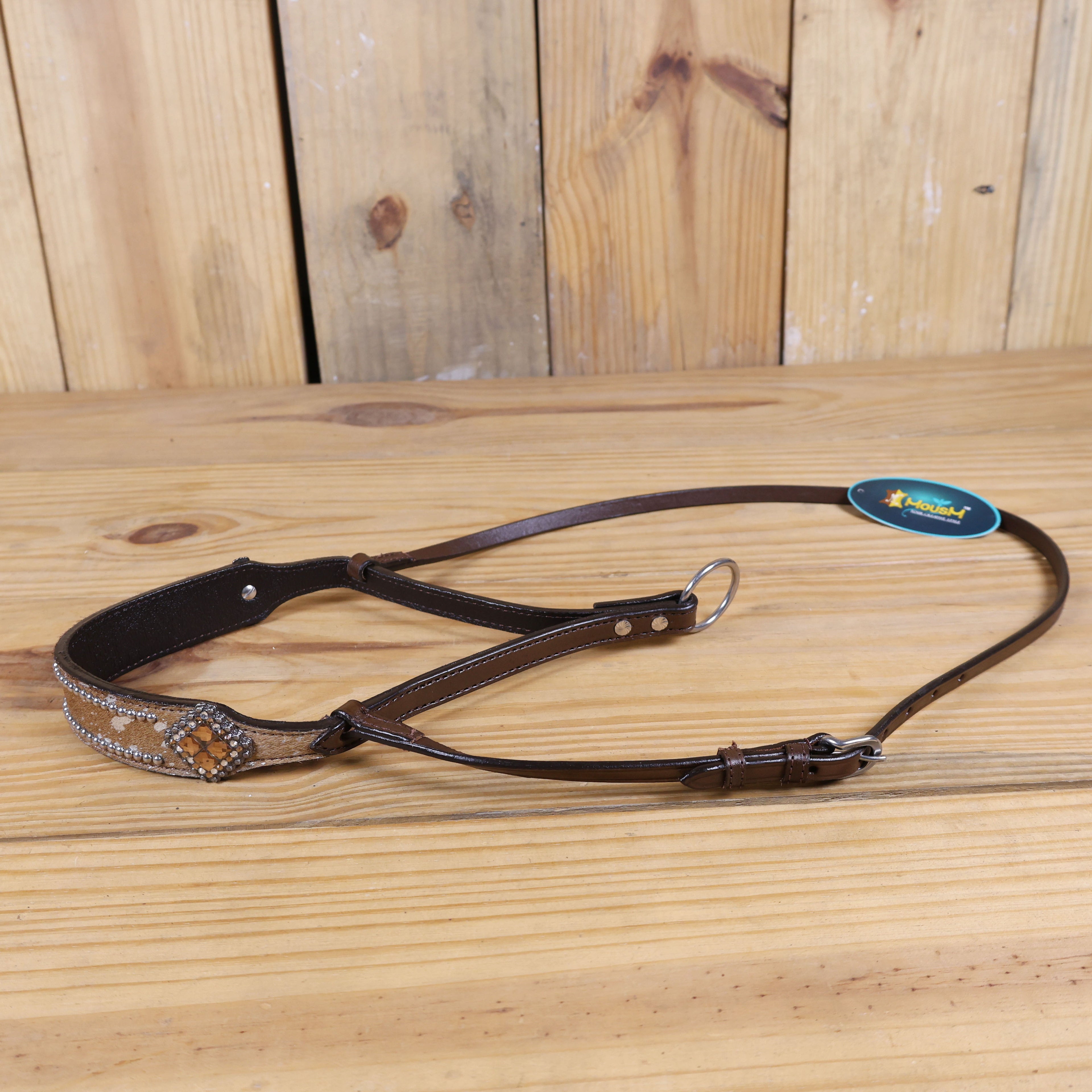MOUSM Genuine Cow Hide Leather Tie Down Noseband with Leather Strap for Horse - Decorated with Brown Metallic Acid Wash Natural Hair On Cowhide and Rhinestone Conchos, 1 Meter Strap Length and 6/8&quot; Inches width