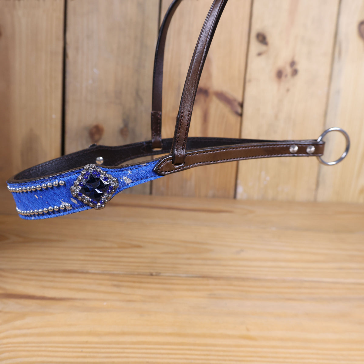 MOUSM Genuine Cow Hide Leather Tie Down Noseband with Leather Strap for Horse - Decorated with Royal Blue Metallic Acid Wash Natural Hair On Cowhide and Rhinestone Conchos, 1 Meter Strap Length and 6/8" Inches width.