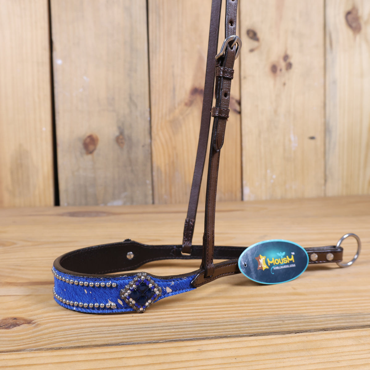 MOUSM Genuine Cow Hide Leather Tie Down Noseband with Leather Strap for Horse - Decorated with Royal Blue Metallic Acid Wash Natural Hair On Cowhide and Rhinestone Conchos, 1 Meter Strap Length and 6/8" Inches width.