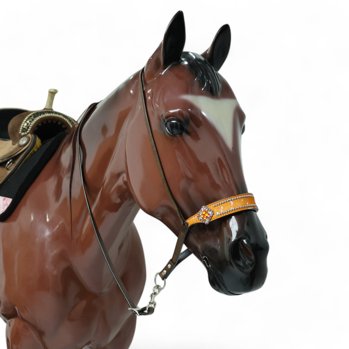 MOUSM Genuine Cow Hide Leather Tie Down Noseband with Leather Strap for Horse - Decorated with Orange Metallic Acid Wash Natural Hair On Cowhide and Rhinestone Conchos, 1 Meter Strap Length and 6/8" Inches width.