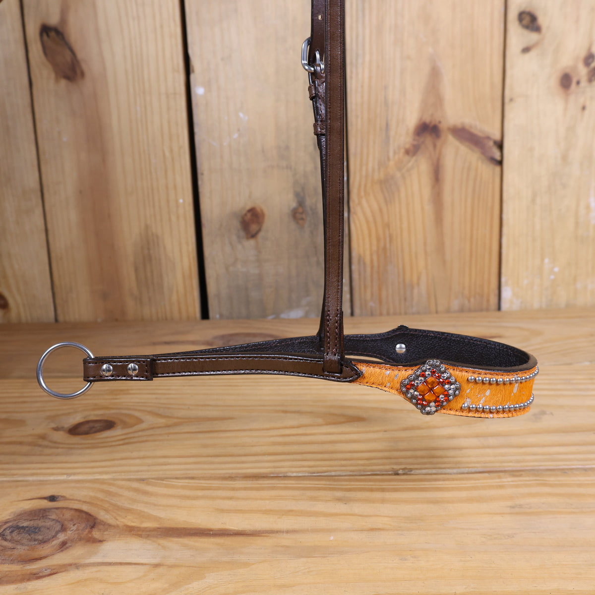 MOUSM Genuine Cow Hide Leather Tie Down Noseband with Leather Strap for Horse - Decorated with Orange Metallic Acid Wash Natural Hair On Cowhide and Rhinestone Conchos, 1 Meter Strap Length and 6/8" Inches width.