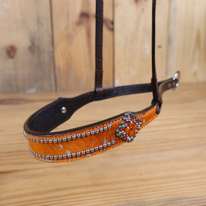 MOUSM Genuine Cow Hide Leather Tie Down Noseband with Leather Strap for Horse - Decorated with Orange Metallic Acid Wash Natural Hair On Cowhide and Rhinestone Conchos, 1 Meter Strap Length and 6/8&quot; Inches width