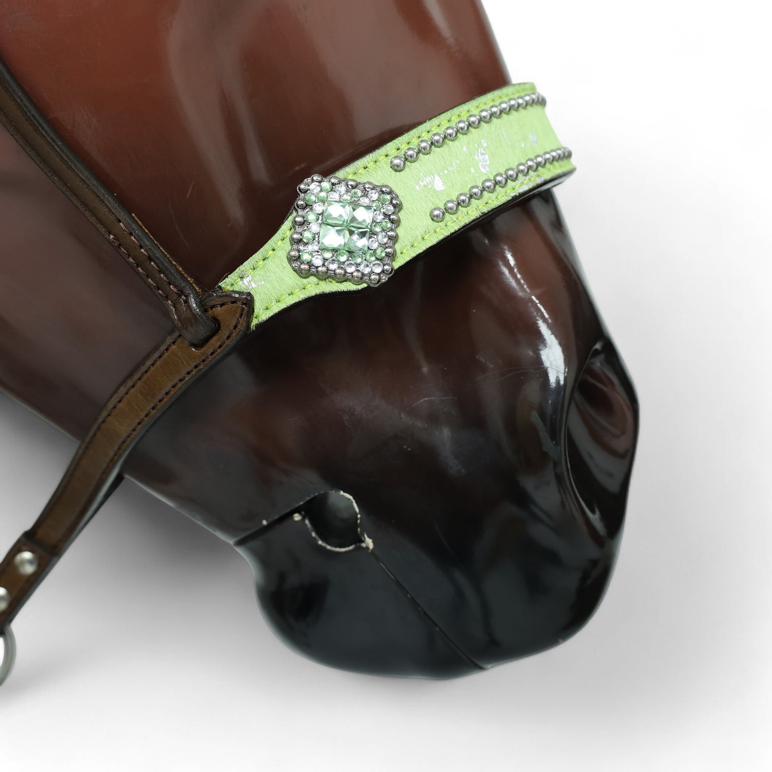 MOUSM Genuine Cow Hide Leather Tie Down Noseband with Leather Strap for Horse - Decorated with Lime Green Metallic Acid Wash Natural Hair On Cowhide and Rhinestone Conchos, 1 Meter Strap Length and 6/8&quot; Inches width
