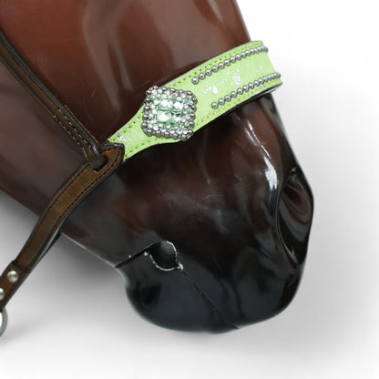 MOUSM Genuine Cow Hide Leather Tie Down Noseband with Leather Strap for Horse - Decorated with Lime Green Metallic Acid Wash Natural Hair On Cowhide and Rhinestone Conchos, 1 Meter Strap Length and 6/8&quot; Inches width