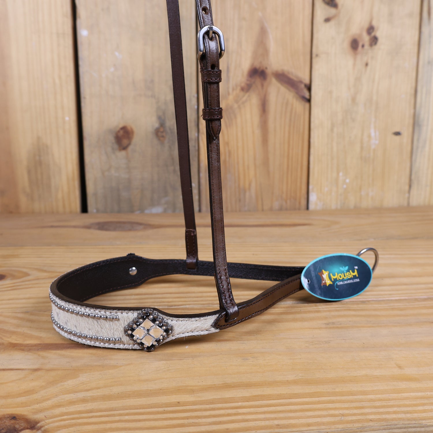 MOUSM Genuine Cow Hide Leather Tie Down Noseband with Leather Strap for Horse - Decorated with White Metallic Acid Wash Natural Hair On Cowhide and Rhinestone Conchos, 1 Meter Strap Length and 6/8&quot; Inches width