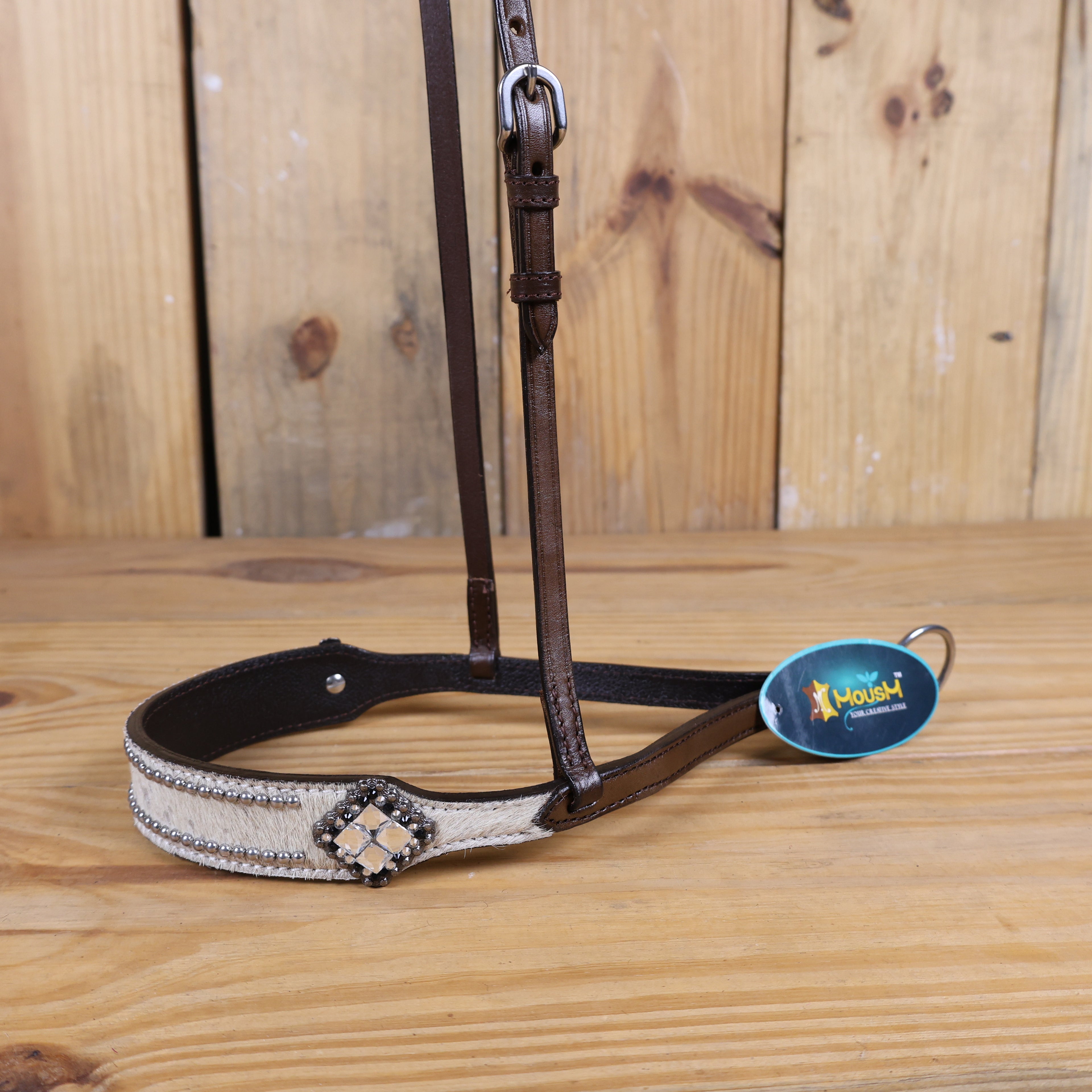 MOUSM Genuine Cow Hide Leather Tie Down Noseband with Leather Strap for Horse - Decorated with White Metallic Acid Wash Natural Hair On Cowhide and Rhinestone Conchos, 1 Meter Strap Length and 6/8&quot; Inches width