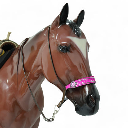 MOUSM Genuine Cow Hide Leather Tie Down Noseband with Leather Strap for Horse - Decorated with Pink Metallic Acid Wash Natural Hair On Cowhide and Rhinestone Conchos, 1 Meter Strap Length and 6/8&quot; Inches width