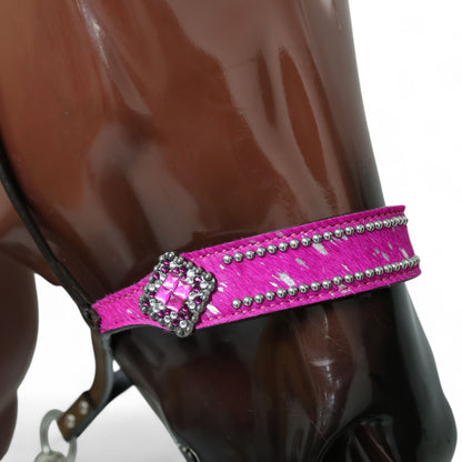 MOUSM Genuine Cow Hide Leather Tie Down Noseband with Leather Strap for Horse - Decorated with Pink Metallic Acid Wash Natural Hair On Cowhide and Rhinestone Conchos, 1 Meter Strap Length and 6/8&quot; Inches width