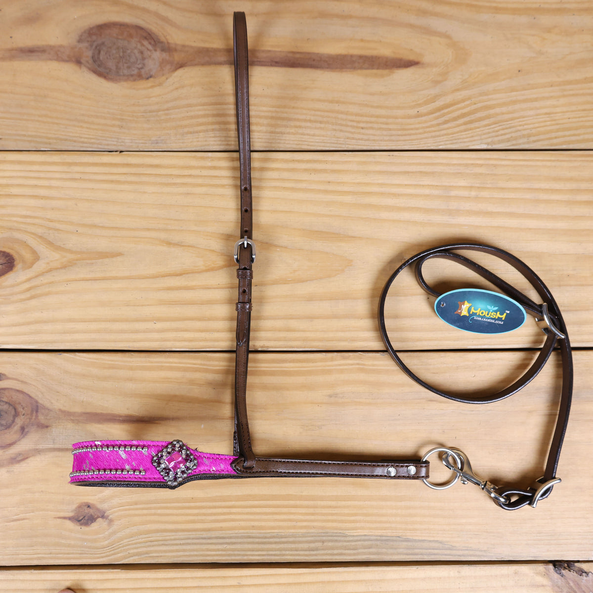 MOUSM Genuine Cow Hide Leather Tie Down Noseband with Leather Strap for Horse - Decorated with Pink Metallic Acid Wash Natural Hair On Cowhide and Rhinestone Conchos, 1 Meter Strap Length and 6/8" Inches width.