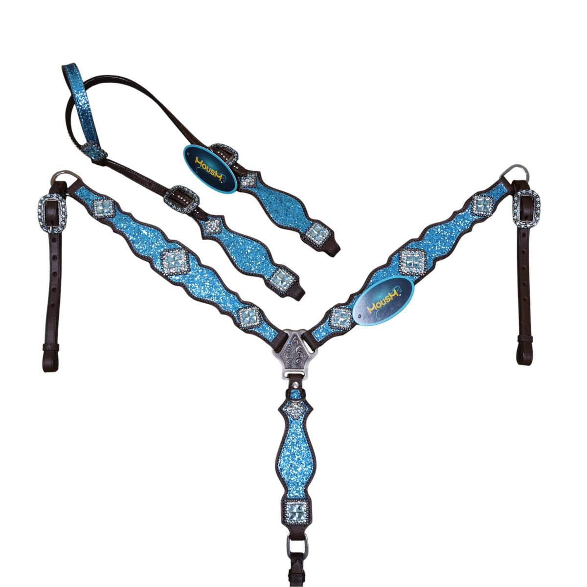 Teal glitter Western horse tack made with Genuine Argentina Cow Leather, rhinestone conchos, silver studs, antique nickel hardware and copper rivets.