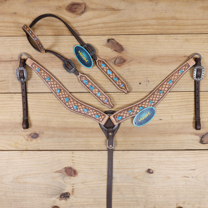 Handcrafted Argentina cow leather headstall with antique finish and detailed window tooling design