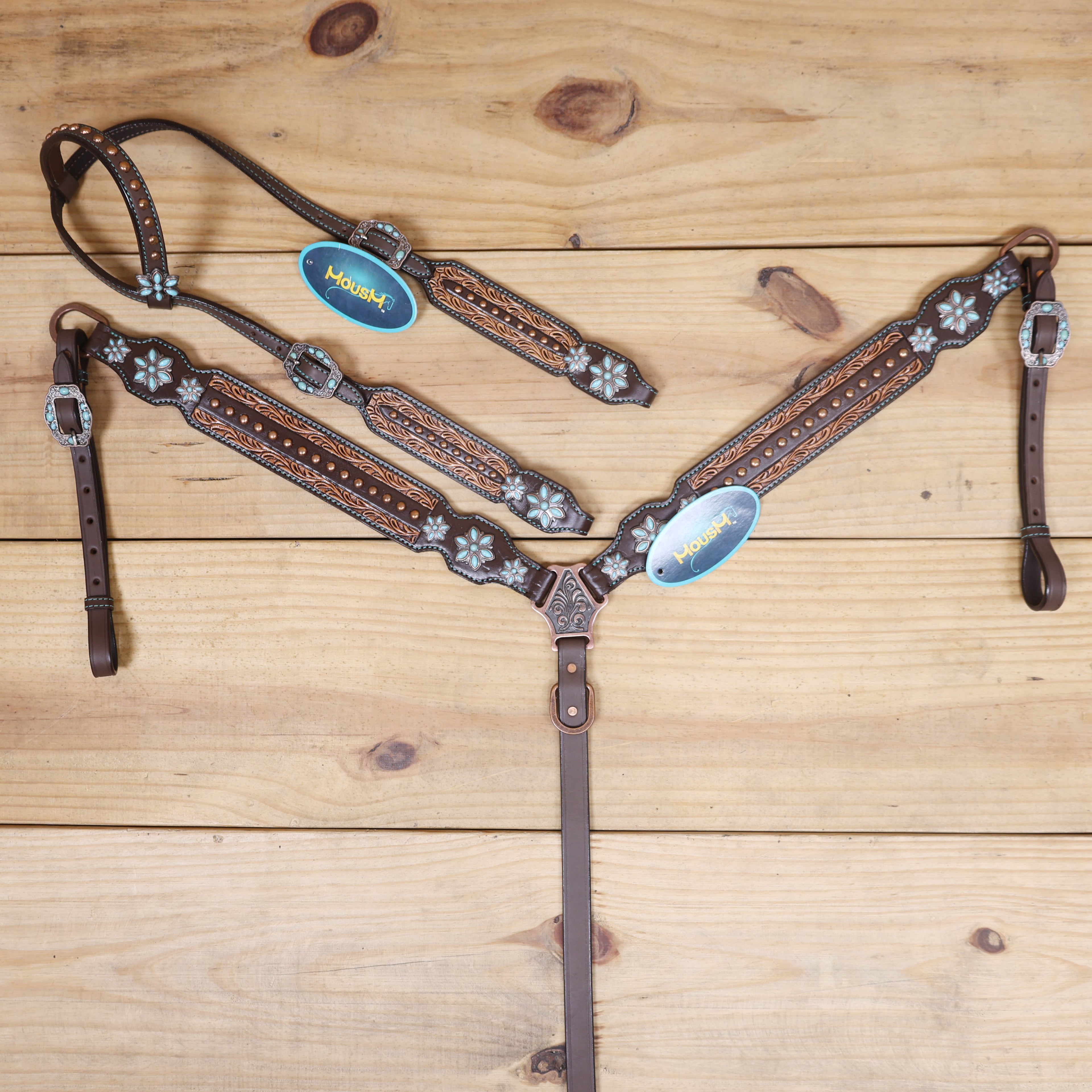 MOUSM Western headstall and breast collar set with border carving and turquoise conchos
