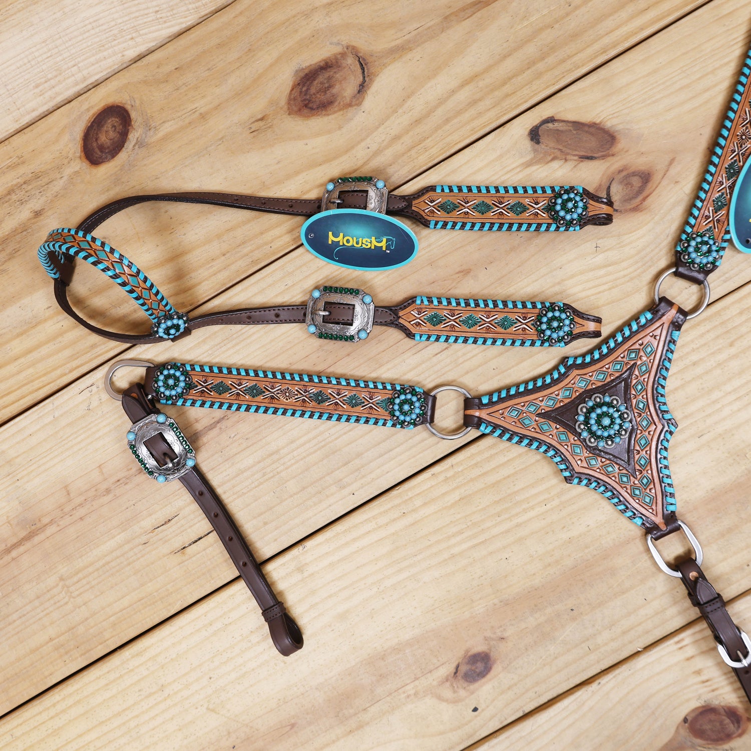 western headstall and breast collar set with geomatical tooling and painting on full tack set
