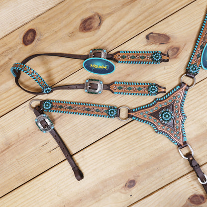 western headstall and breast collar set with geomatical tooling and painting on full tack set