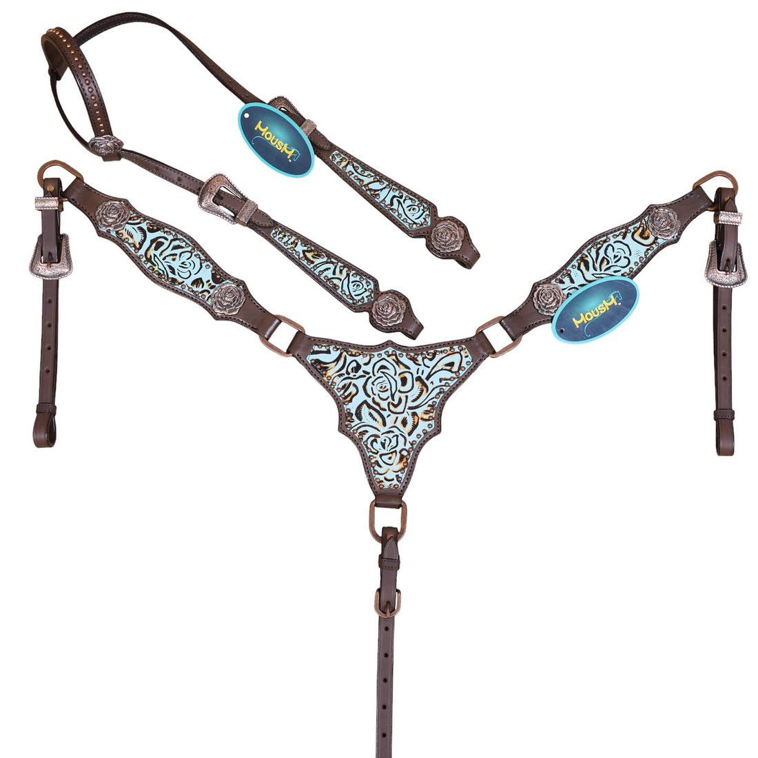 Turquoise Rose Embossed Leather With Copper studs Rawhide Buck Stitching 