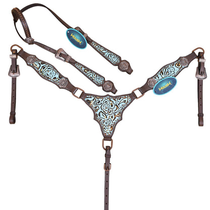 Turquoise Rose Embossed Leather With Copper studs Rawhide Buck Stitching 