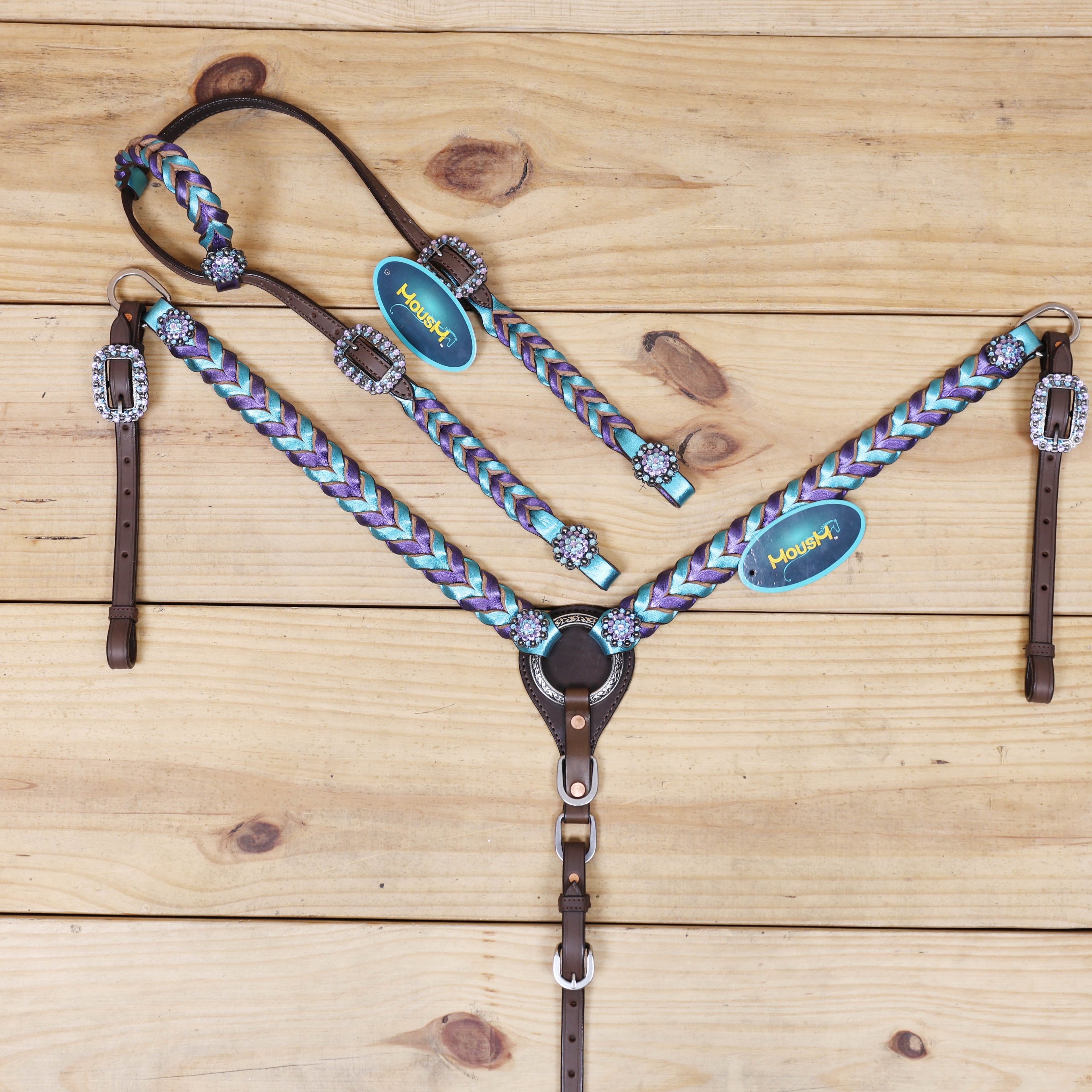 mousm western headstall and breast collar set with purple and teal metallic twisted leather braiding