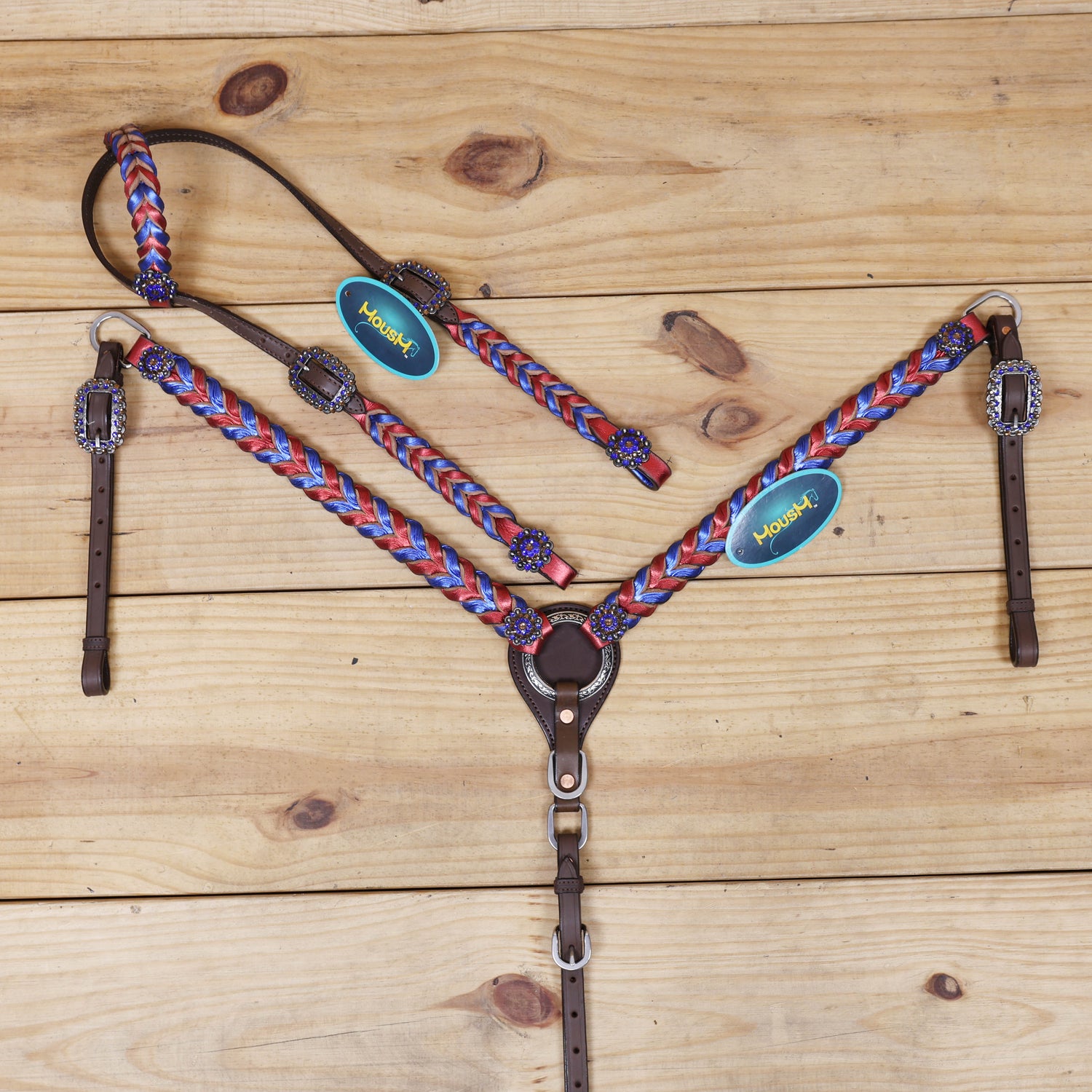 royal blue and red metallic twisted western headstall set with rhinestone berry conchos