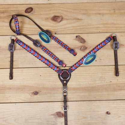 royal blue and red metallic twisted western headstall set with rhinestone berry conchos