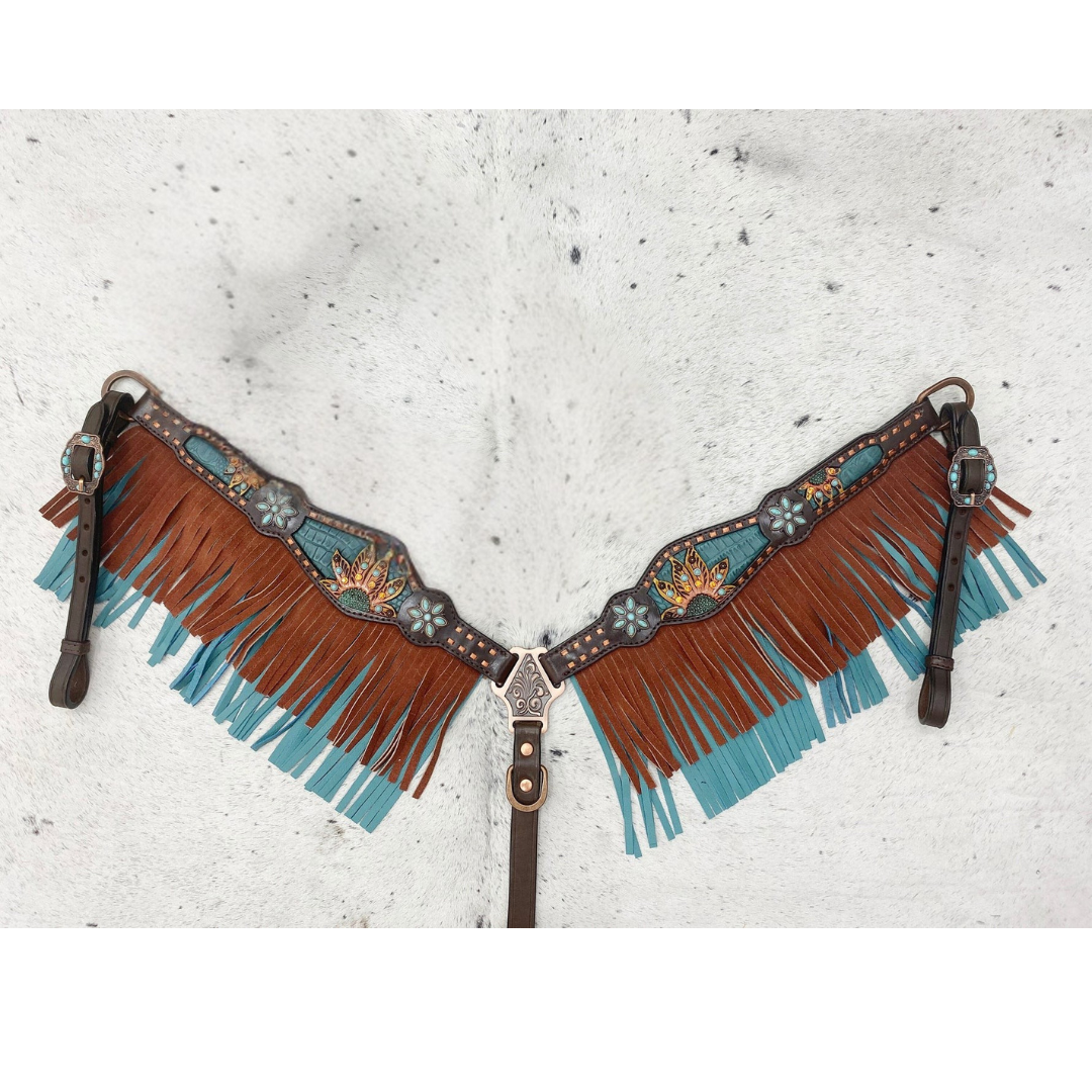 MOUSM Argentina Cow Leather Western Horse Tack Collection – Browband Headstall &amp; Breast Collar, Bronc Halter, Wither &amp; Spur Straps, Decorated with Sunflower Carving, Teal Snake Pattern Inlay and Turquoise Stone, Turquoise/Tan Fringe