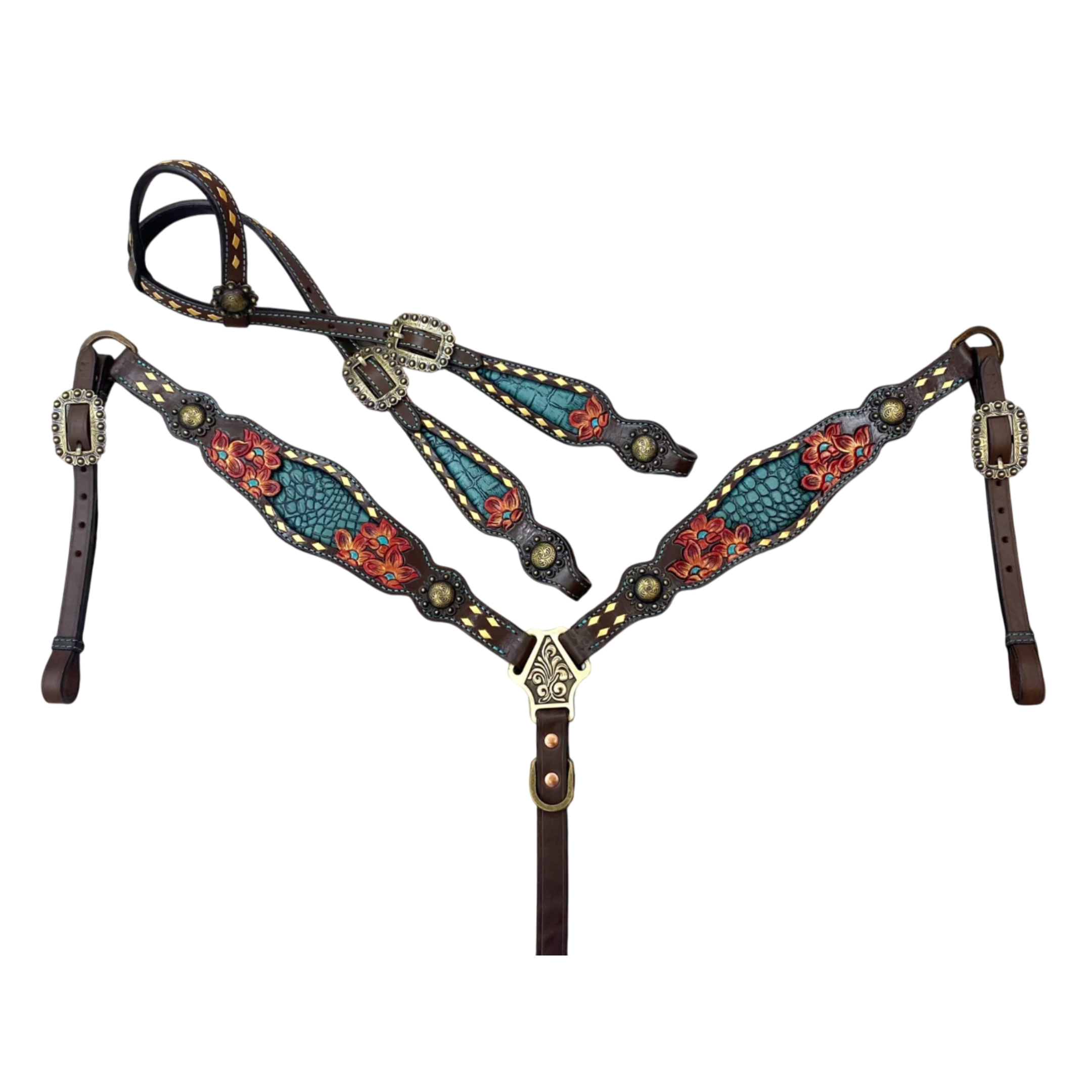 MOUSM Western Horse Tack Set - Made with Argentina Cow leather, Headstall &amp; Breast Collar Set Decorated with Hand-Carved &amp; Painted Floral Design, Buckles with Turquoise Stones, and Turquoise Leather Inlay