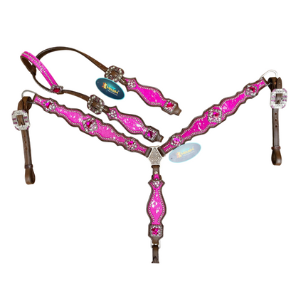 MOUSM Valentine Day Western Leather Headstall and Breast Collar Set – Pink Silver Metallic Acid Wash Cowhide with Rhinestones