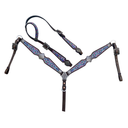 MOUSM Argentina Cow Leather Headstall and Breast Collar Set – Western Horse Tack with Rainbow Aztec Print With Decorative Conchos