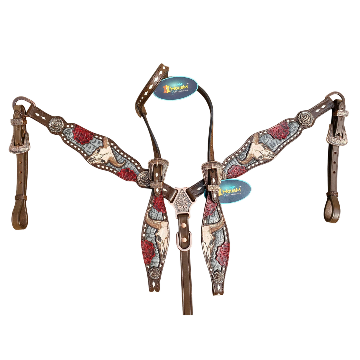 MOUSM Western Headstall and Breast Collar Tack Set for Horse - Decorated with Hand-Tooled Bull and Rose with Alligator Inlay