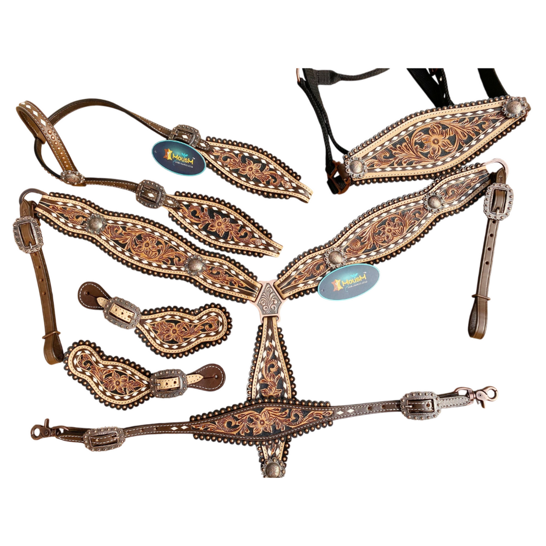 MOUSM Western Horse Tack Collection – Western Bridles and Headstalls Decorated with Hand-Tooled Flower Carving with Nickel Studs, Conchos &amp; Rawhide Braiding