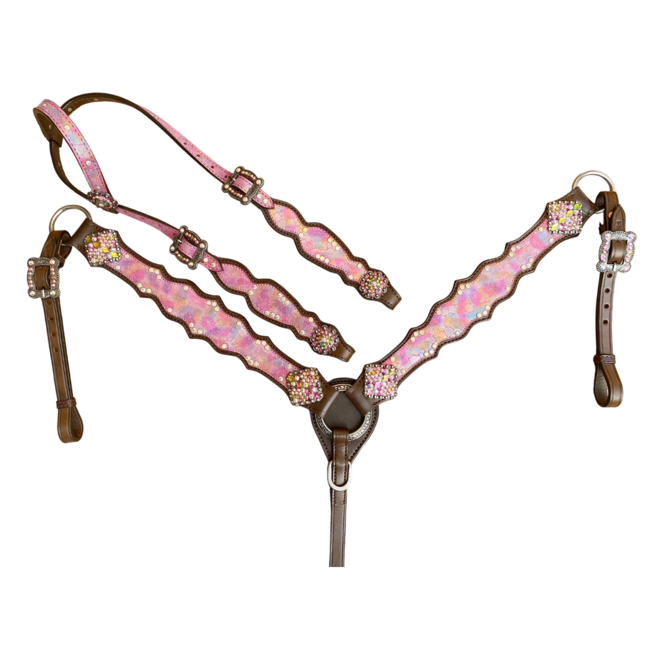 MOUSM Valentine’s Special Western Headstall &amp; Breast Collar Set – Holographic Pink Snake Print, Rhinestones Conchos