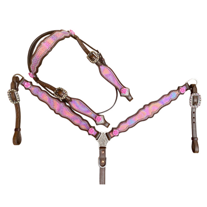 MOUSM Valentine’s Special Western Leather Browband Headstall &amp; Breast Collar Set – Pink Purple Holographic Snake Print, Rose Conchos &amp; Rhinestone Buckles