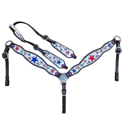 MOUSM Argentina Cow Leather Headstall &amp; Breast Collar Set – Western Horse Tack with Red &amp; Royal Star Design, Sparkling Rhinestones &amp; Antique Copper Hardware