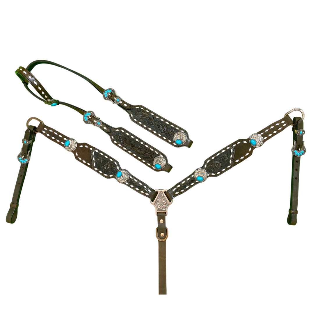 MOUSM Argentina Cow Leather Bridle and Breast Collar Set for Horse, Western Horse Tack Set Decorated with Hand-Carved Floral Design and Rawhide Braiding