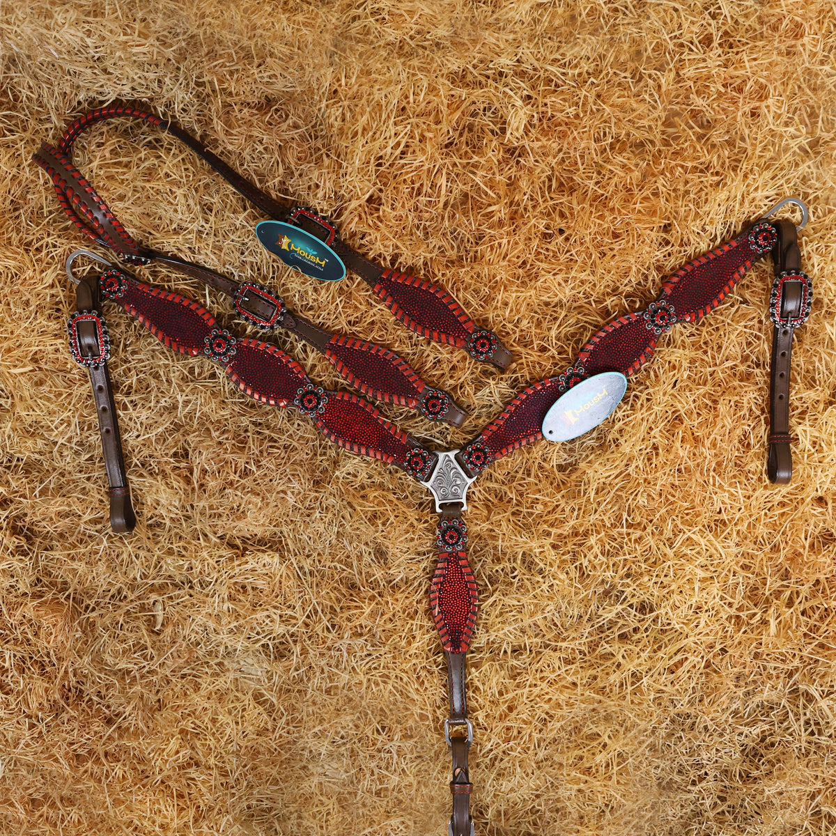 Vibrant Red Holographic Print and Red Metallic Whip Stitching