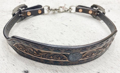 MOUSM Argentina Cow Leather Western Horse Tack Set – Browband Headstall &amp; Breast Collar, Bronc Halter, Wither &amp; Spur Straps, Decorated with Black Buck Stitching, Rose Hardware &amp; Hand-Carved Detailing