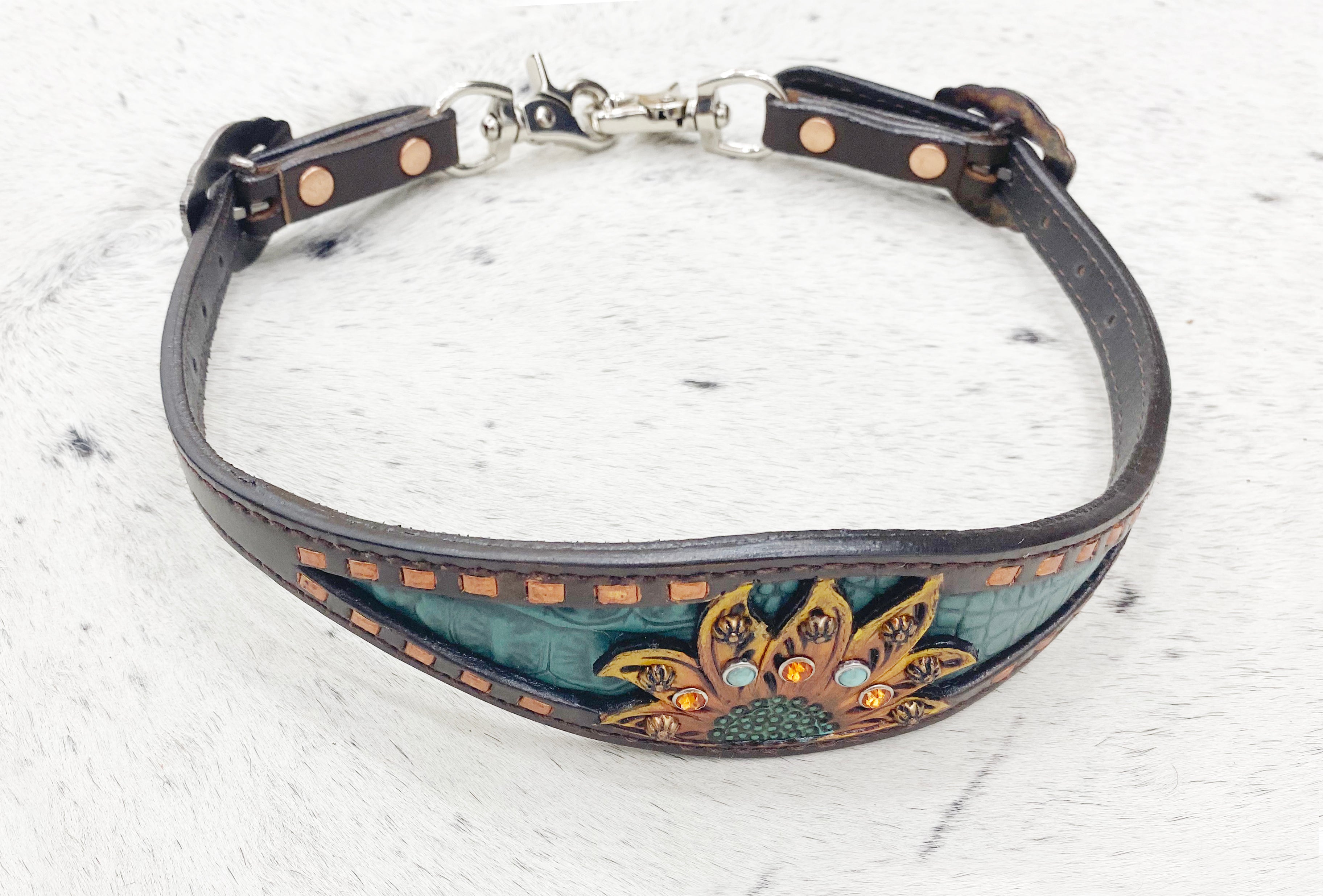 MOUSM Argentina Cow Leather Western Horse Tack Collection – Browband Headstall &amp; Breast Collar, Bronc Halter, Wither &amp; Spur Straps, Decorated with Sunflower Carving, Teal Snake Pattern Inlay and Turquoise Stone, Turquoise/Tan Fringe