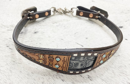 MOUSM Argentina Cow Leather Western Horse Tack Collection – Western Bridles and Headstalls Decorated with Geometrical Tooling, Rawhide Braiding &amp; Grey Alligator Print