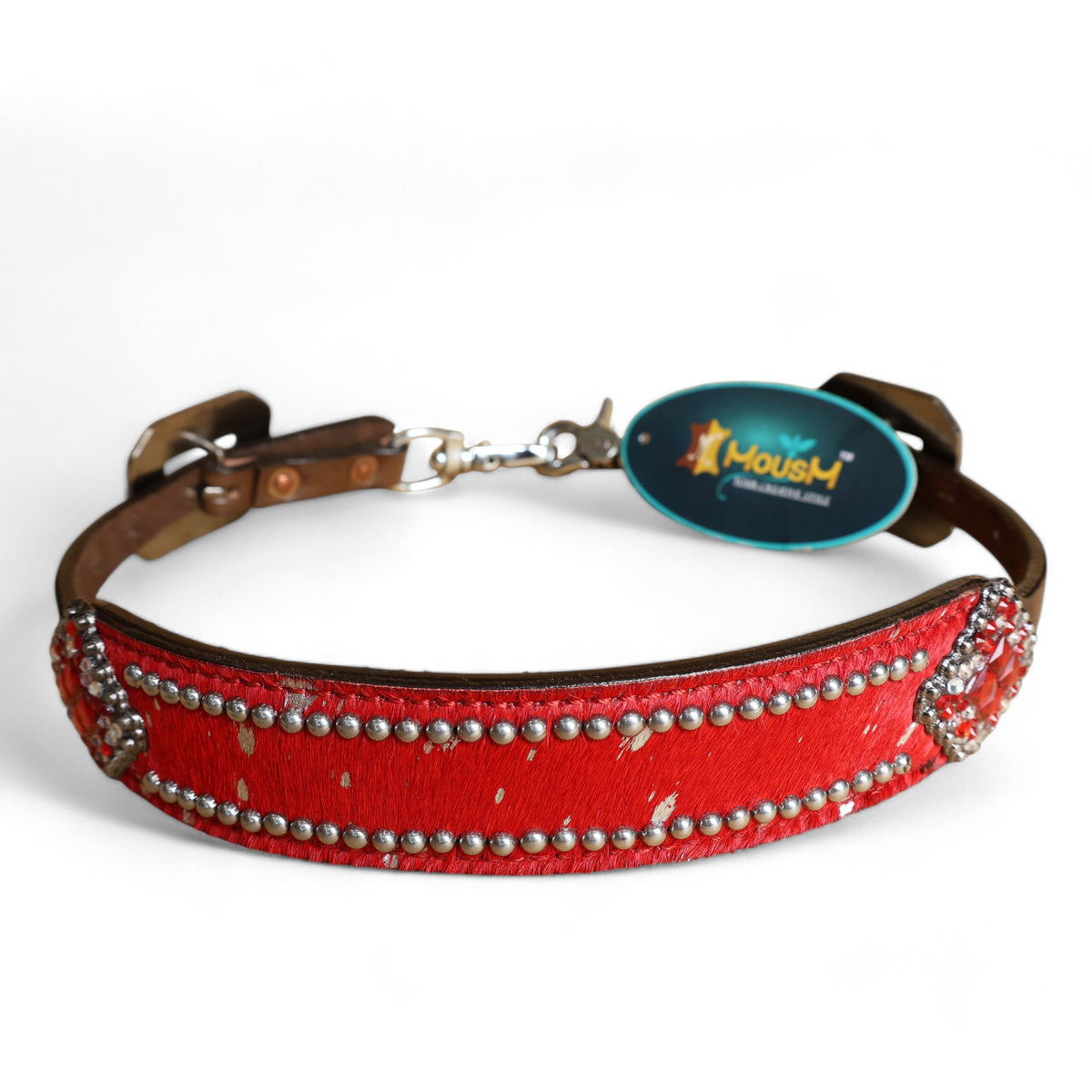 MOUSM Western Wither Strap - Stylish Horse Tack Accessory Decorated with Red Metallic Acid Wash Cowhide, Surrounded by Silver Studs, Shining Rhinestone Conchos