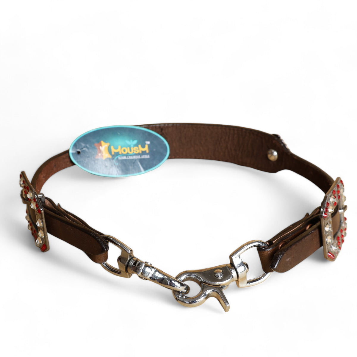 MOUSM Western Wither Strap - Stylish Horse Tack Accessory Decorated with Red Metallic Acid Wash Cowhide, Surrounded by Silver Studs, Shining Rhinestone Conchos