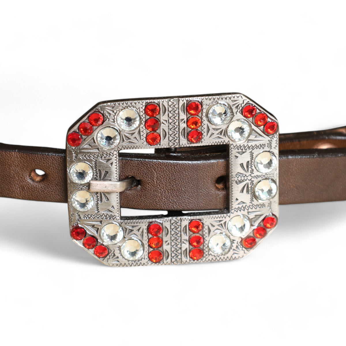 MOUSM Western Wither Strap - Stylish Horse Tack Accessory Decorated with Red Metallic Acid Wash Cowhide, Surrounded by Silver Studs, Shining Rhinestone Conchos