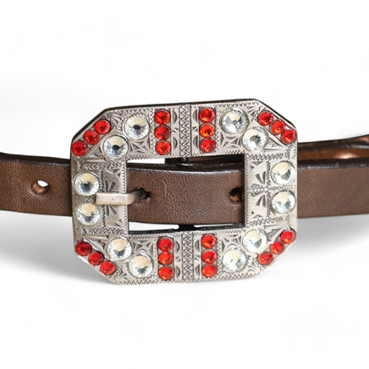 MOUSM Western Wither Strap - Stylish Horse Tack Accessory Decorated with Red Metallic Acid Wash Cowhide, Surrounded by Silver Studs, Shining Rhinestone Conchos