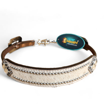 MOUSM Western Wither Strap - Stylish Horse Tack Accessory Decorated with White Metallic Acid Wash Cowhide, Surrounded by Silver Studs, Shining Rhinestone Conchos