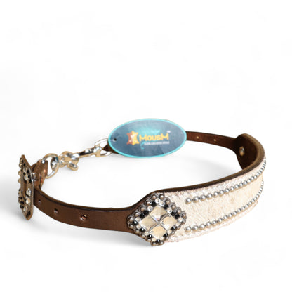 MOUSM Western Wither Strap - Stylish Horse Tack Accessory Decorated with White Metallic Acid Wash Cowhide, Surrounded by Silver Studs, Shining Rhinestone Conchos