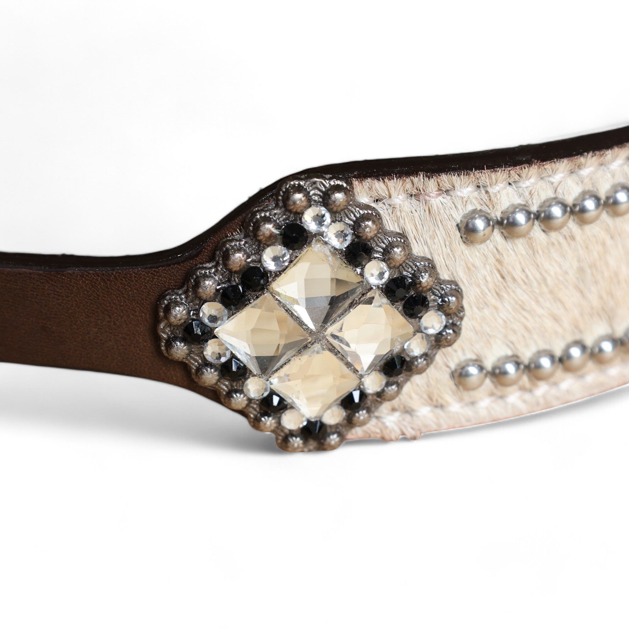 MOUSM Western Wither Strap - Stylish Horse Tack Accessory Decorated with White Metallic Acid Wash Cowhide, Surrounded by Silver Studs, Shining Rhinestone Conchos