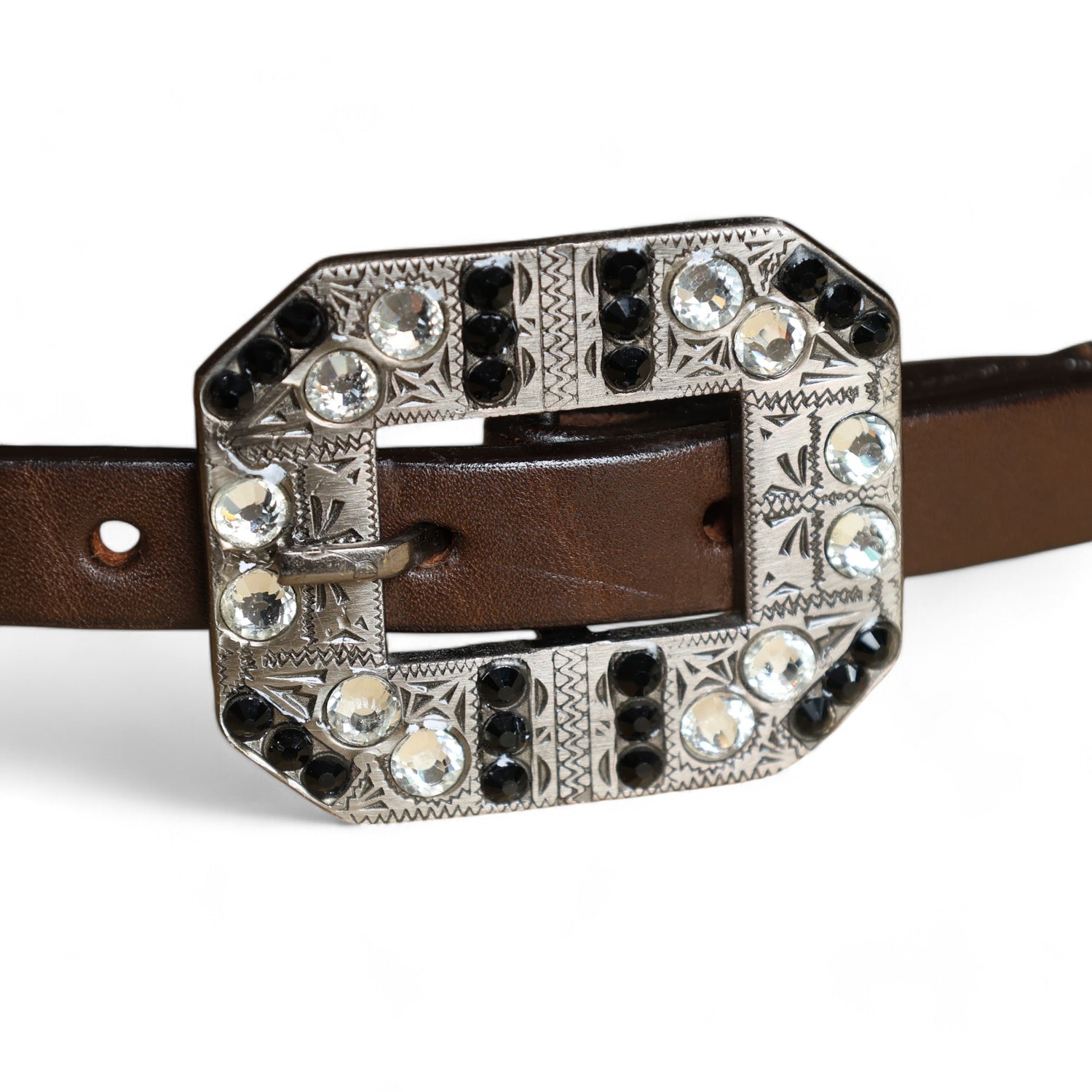 MOUSM Western Wither Strap - Stylish Horse Tack Accessory Decorated with White Metallic Acid Wash Cowhide, Surrounded by Silver Studs, Shining Rhinestone Conchos