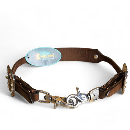 MOUSM Western Wither Strap - Stylish Horse Tack Accessory Decorated with Tan Brown Metallic Acid Wash Cowhide, Surrounded by Silver Studs, Shining Rhinestone Conchos