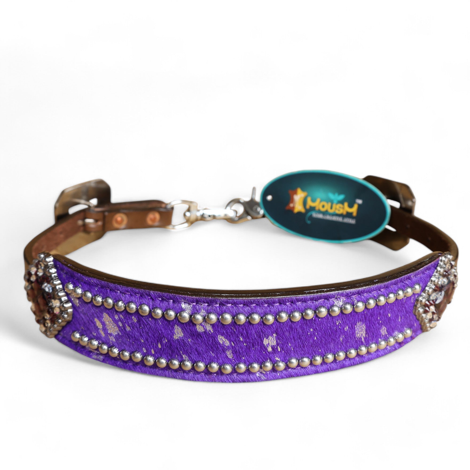 MOUSM Western Wither Strap - Stylish Horse Tack Accessory Decorated with Purple Metallic Acid Wash Cowhide, Surrounded by Silver Studs, Shining Rhinestone Conchos