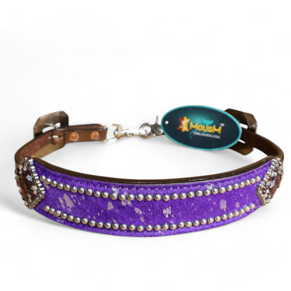 MOUSM Western Wither Strap - Stylish Horse Tack Accessory Decorated with Purple Metallic Acid Wash Cowhide, Surrounded by Silver Studs, Shining Rhinestone Conchos
