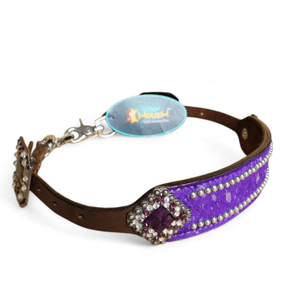 MOUSM Western Wither Strap - Stylish Horse Tack Accessory Decorated with Purple Metallic Acid Wash Cowhide, Surrounded by Silver Studs, Shining Rhinestone Conchos