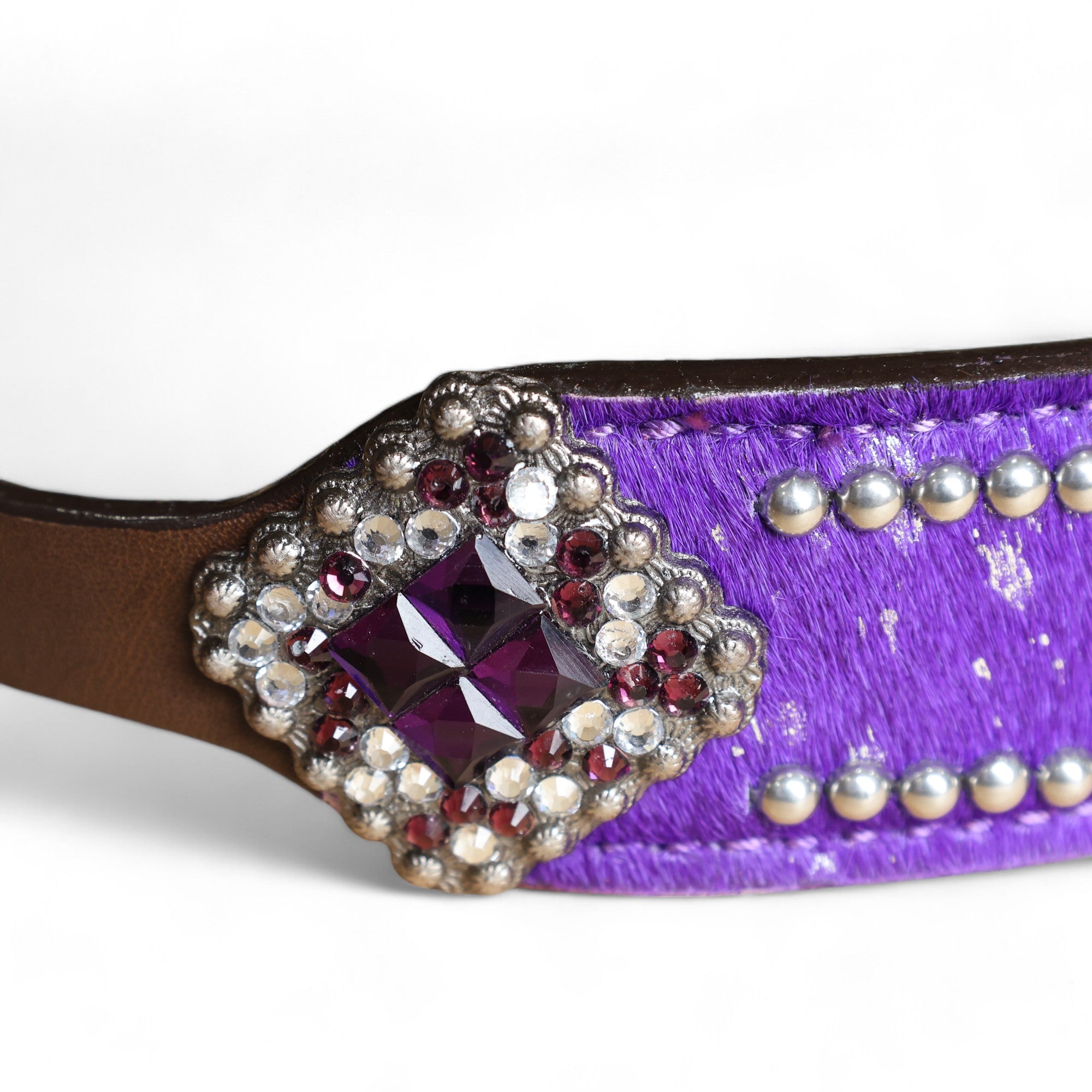MOUSM Western Wither Strap - Stylish Horse Tack Accessory Decorated with Purple Metallic Acid Wash Cowhide, Surrounded by Silver Studs, Shining Rhinestone Conchos